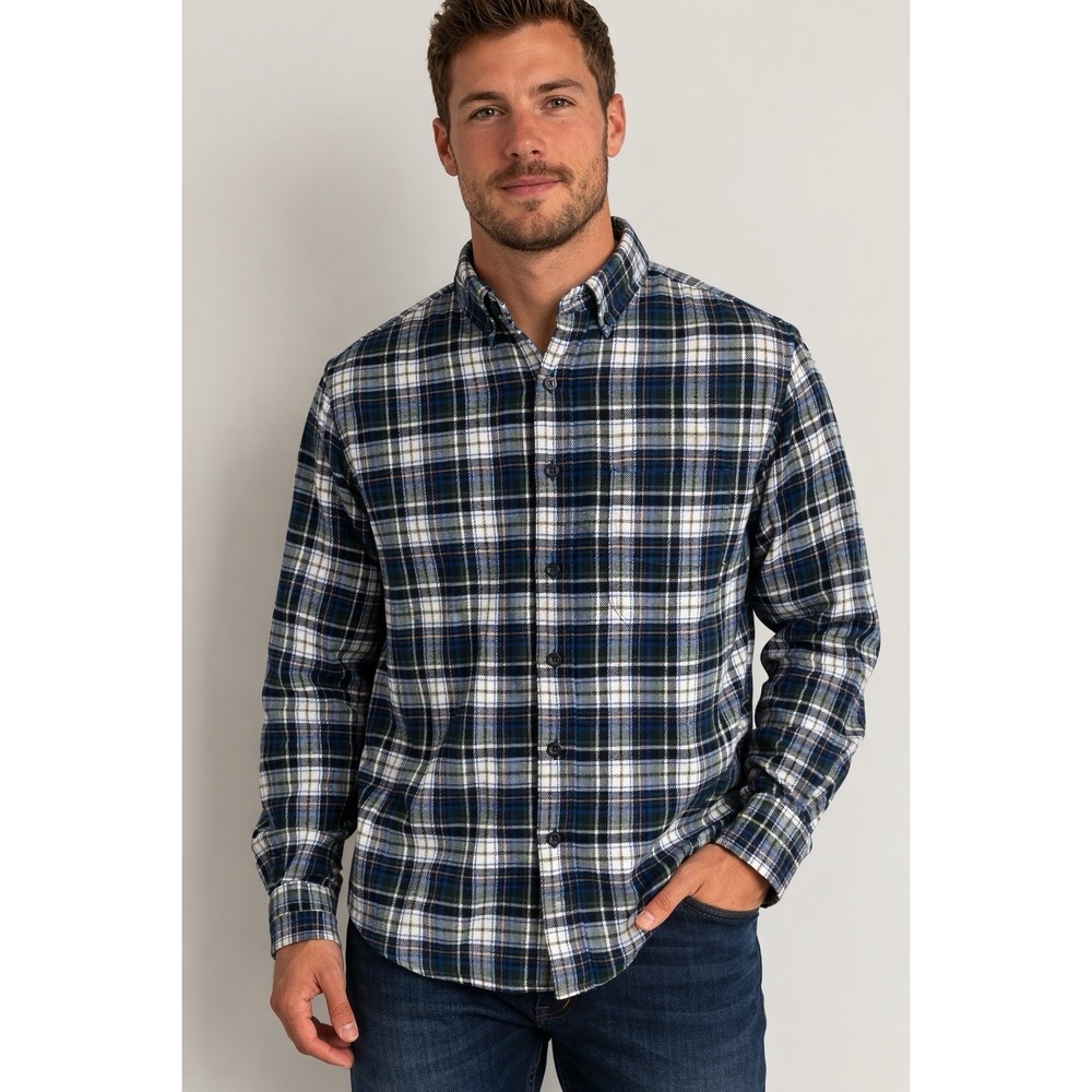 Men's Eddie Bauer Flannel Shirt Tartan Plaid Blue Green Cotton Button Up‎ Sz M